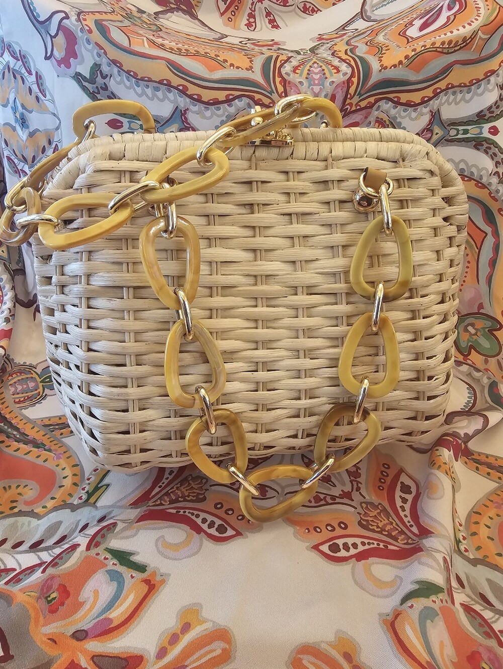 Frances Valentine Cream Woven Crossbody with Yellow Link Chain Strap
